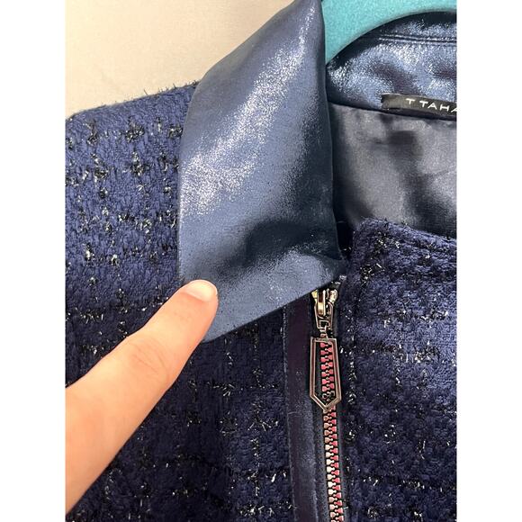 T Tahari Blue Jacket Size M Sparkle Zippers Biker Y2K Business Causal - Picture 13 of 16